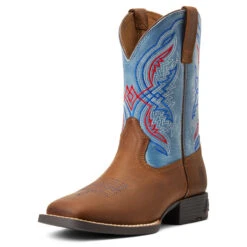 'Ariat' Youth Double Kicker Square Toe - Distressed Brown / Stone Blue -Shoe Joy Shop S22 YTH WEST 10040247 3 4 front 1024x1024@2x